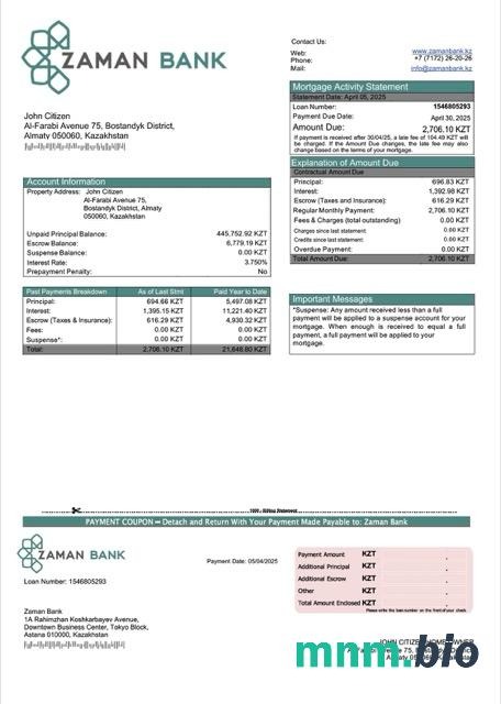 Kazachstan Bank Zaman wyciąg z kredytu hipotecznego szablon Word i PDF